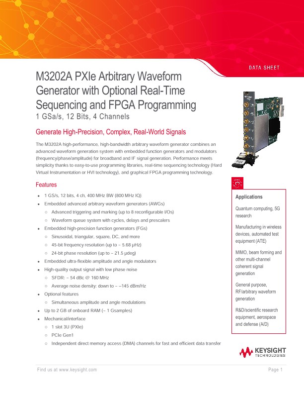 M3202A PXIe Arbitrary Waveform Generator with Optional RealTime
